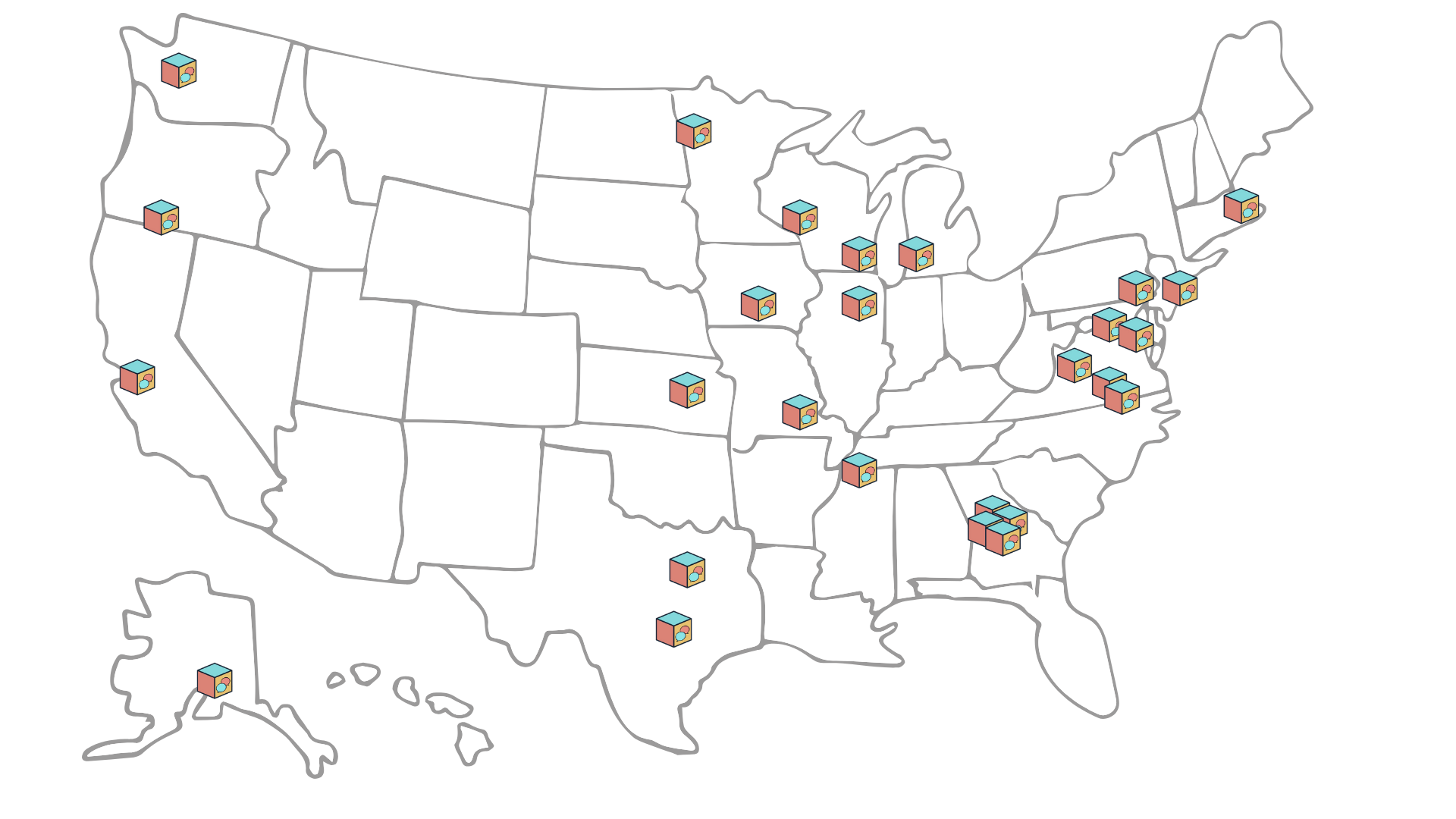U.S. map with markers for locations of C•CUBE Peer Learning Roundtable participants.